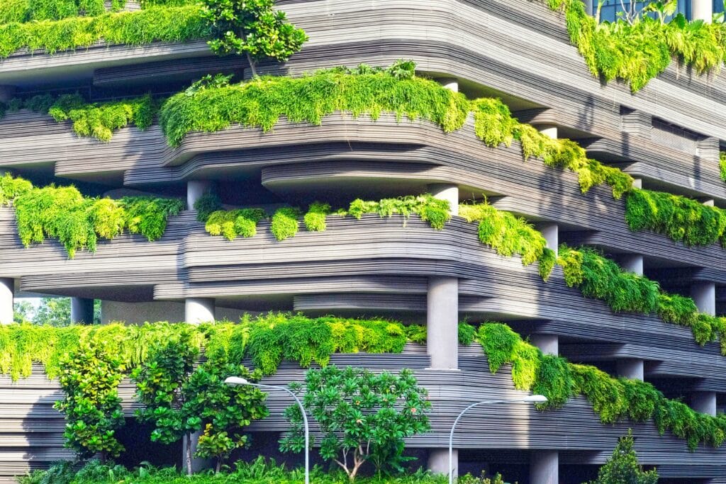 Image of gardens lining the sides of a parking lot